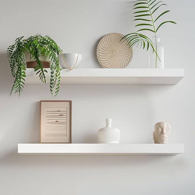 White Floating Shelves for Wall-24in Wall Mounted Display Ledge Shelves Perfect for Bedroom Bathroom Living Room and Kitchen Decoration Storage (Set of 2)