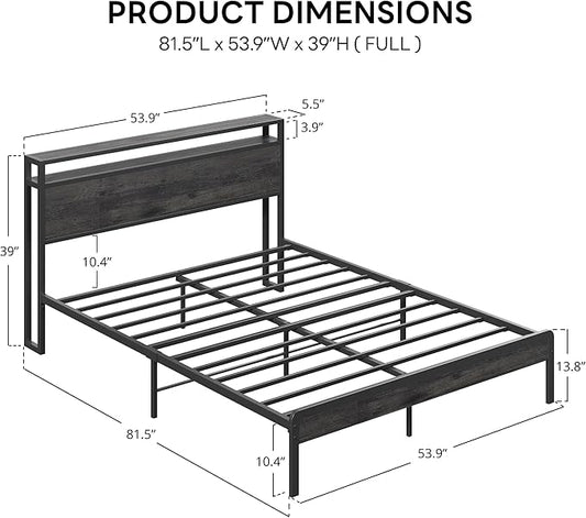 LIKIMIO Full Bed Frame with Headboard, Dark Wood Camas Full with Strong Supports, Sturdy, Noise-Free, No Box Spring Needed, Grey