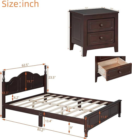 Harper & Bright Designs Bedroom Set Furniture, 3-Pieces Bedroom Sets, Queen Size Wood Platform Bed and 2 Nightstands, Dark Walnut