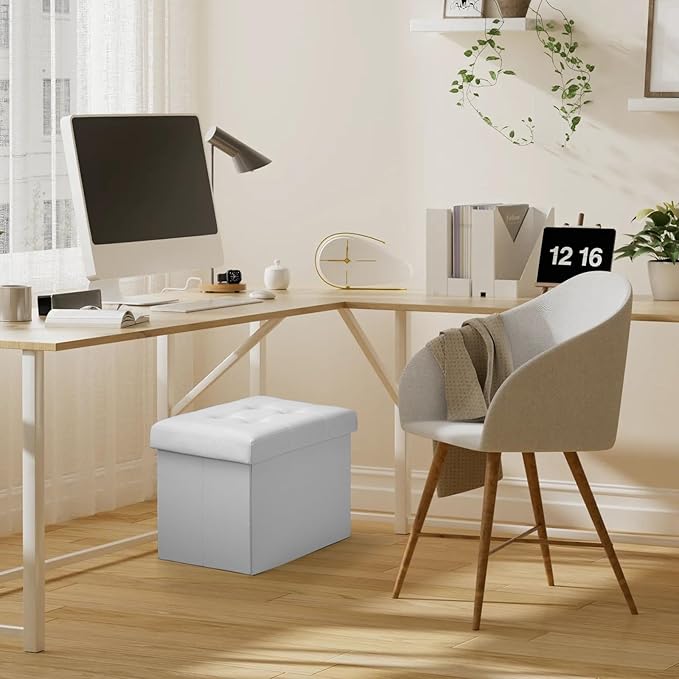 Bsketa Folding Storage Ottoman, Foot Stool with Thicker Foam Padded Seat Small Leather Storage Ottoman Bench Foot Rest for Living Room Foldable Coffee Table 17x13x13in,White