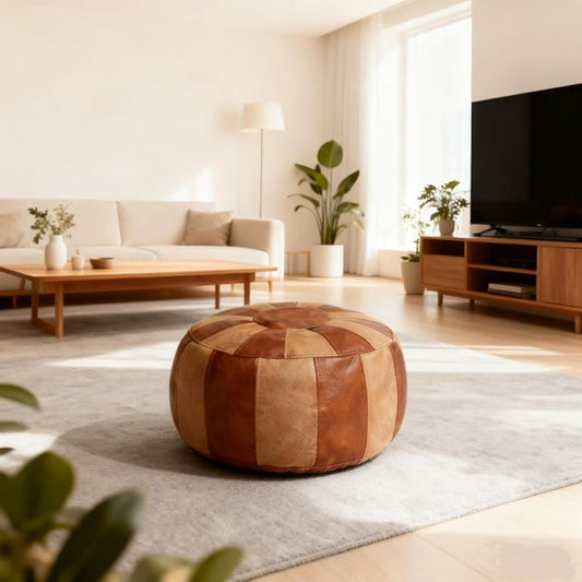 Thgonwid Unstuffed Moroccan Storage Pouf Foot Stool Ottoman Seat Handmade Faux Leather Bean Bag Floor Chair Foot Rest for Living Room, Bedroom or Balcony (Brown & Khaki)