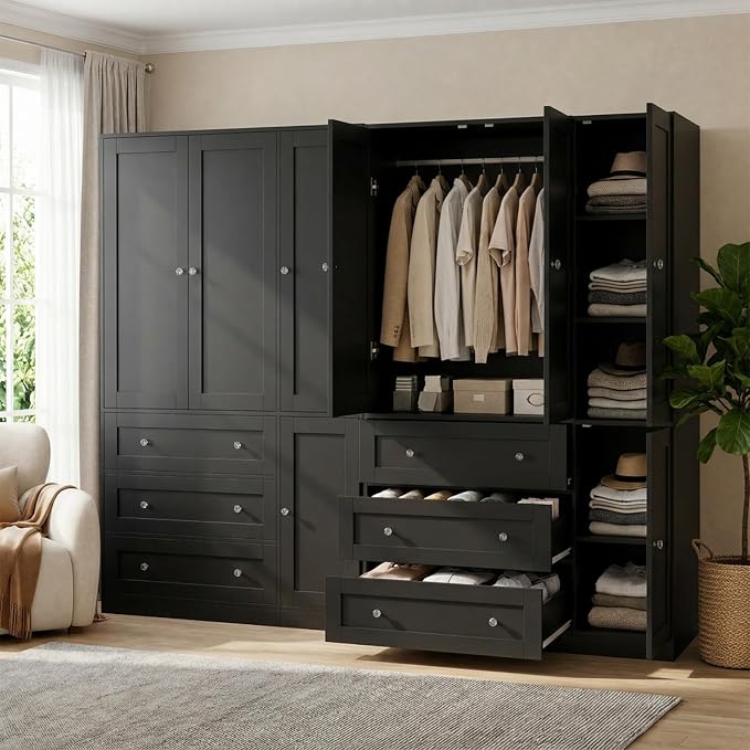 Garvee 71" Storage Cabinet Closet with 3 Drawers, Large Modern Storage Cabinet, 4 Door Wooden Bedroom Cabinet with Shelves, Black
