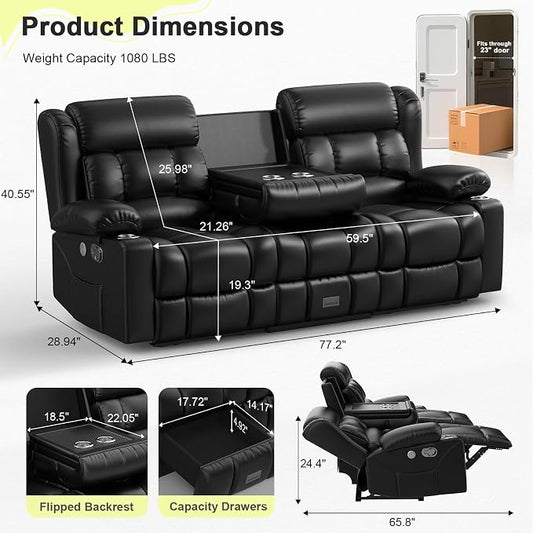 RV Loveseat Recliner Sofa, 3 Seater Reclining Sofa with Flip Back Console, Modern Reclining Couch with USB Ports, Cup Holders, Insert Pockets, RV Recliners for Travel Trailers & Living Room