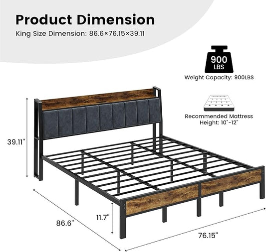 King Size Bed Frame with LED Lights and Charging Station, King Bed Frame with Storage Headboard, Metal Platform Bed with Wood Headboard, Noise Free, No Box Spring Needed, Easy Assembly