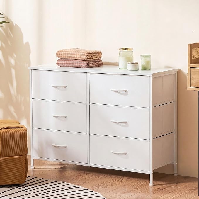 DUMOS White Bedroom Dresser for Closet, Fabric Dresser, Chest of 6 Drawers | Storage Organizer, Small Space TV Stand for Living Room, Anti-tip and Wooden Top, Home Furniture, Hallway