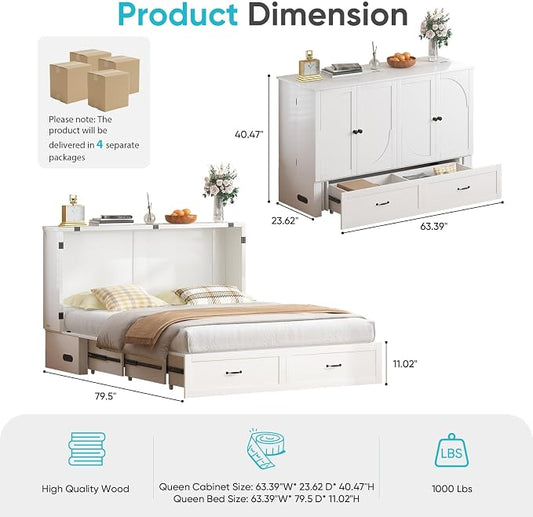 CECER Queen Murphy Bed with Mattress,Space Saving and Easy Assemble-White | Built-in Multi-Port Charging Station & Large Storage Drawer,Sturdy frame & Easy to Move Track