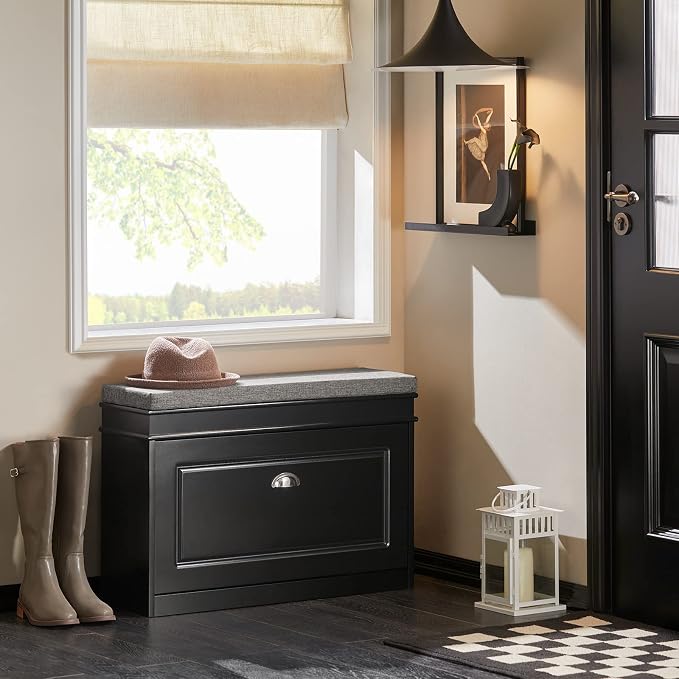 Haotian Shoe Storage Bench with Cushion, Black Narrow Shoe Rack for Entryway, Small Shoe Cabinet with Flip-Drawer, Closet Hallway Mudroom FSR82-L-SCH