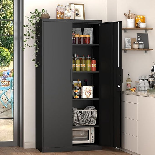 GREATMEET Metal Garage Storage Cabinet with 2 Doors and Shelves - 72" x 34" x 18" Steel Lockable File Cabinet, Black Locking Tool Cabinets for Office Home Garage Gym School