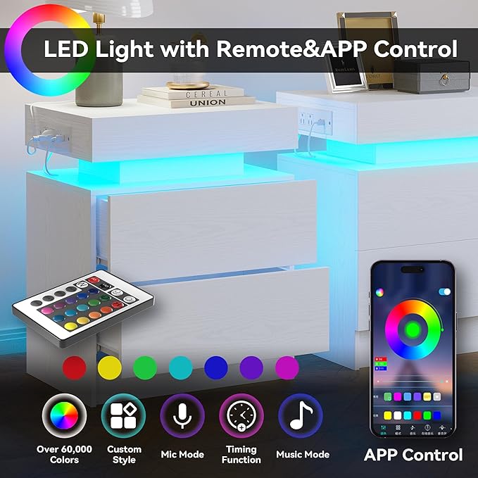 LIKIMIO Nightstand with Charging Station LED Light and 2 Drawers White | bedside table; end table; charging station; LED light; 2 drawers; White wood grain; small spaces