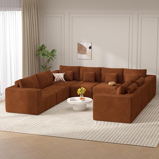 Modern U Shaped Modular Sectional Sofa, Convertible Oversized Cloud Couches for Living Room, Comfy 8 Seater Corduroy Boneless Couch Sofa Set, No Assembly Required, Beige 1 PCS