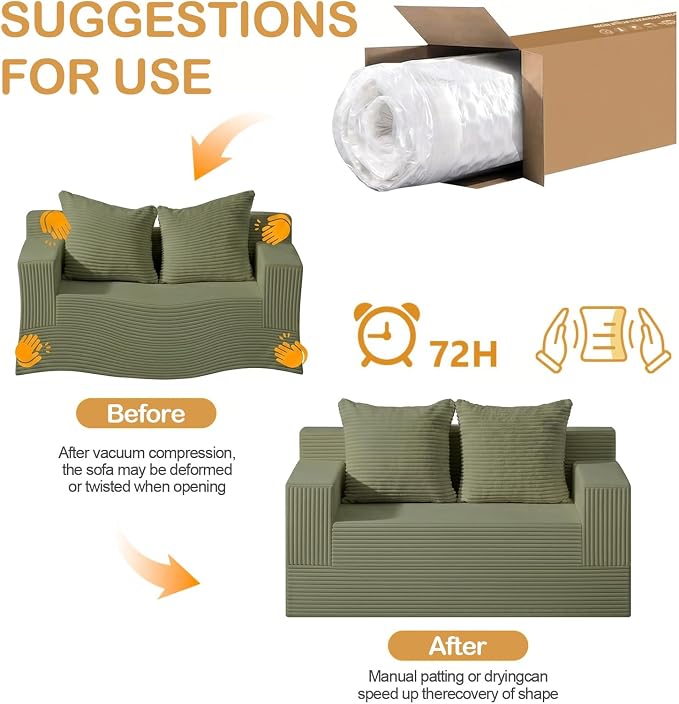Erament Boneless Loveseat Convertible Sofa Bed, Folding Floor Futon Sleeper Sofa Couch Bed- Boneless Foldable Couch, Corduroy Pull Out Sofa Bed with 2 Pillows for Living Room & Bedroom