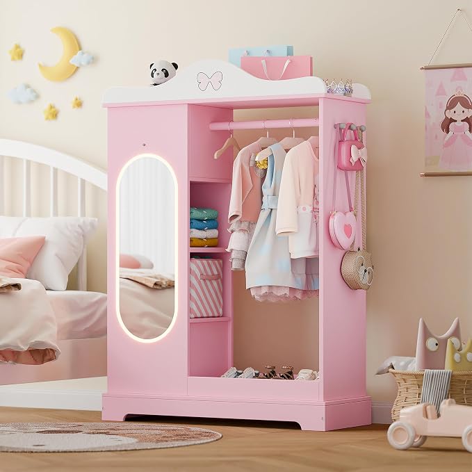 Xilingol Kids Armoire Dress Up Storage with Mirror, Kids Wardrobe Closet with Jewelry Cabinet and Storage Shelves, Open Hanging Armoire Costume Organizer for Bedroom (Pink)