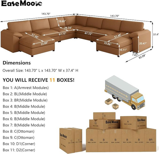 EASE MOOSE Oversized U Shaped Couch,Modular Sectional Convertible Sofa with Wide Deep,Extra Large Faux Leather Scratch Resistant Modern Couch for Big Spaces,Brown