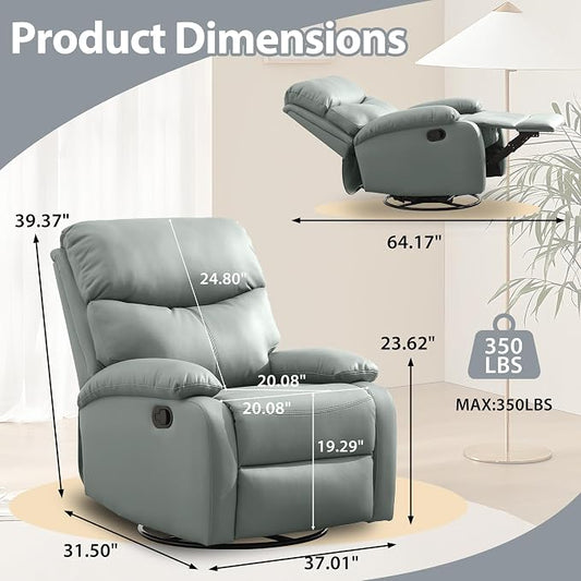Genuine Leather Rocker Recliner Modern Manual Swivel Glider Recliner with Adjustable Backrest & Footrest Wall Hugger Swivel Rocking Recliner Chair for Modern Living Room and RV Green