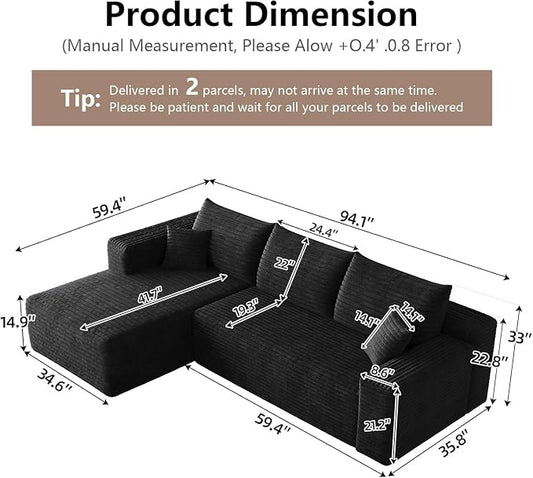 95" Cloud Sectional Couch with L-Shape Chaise, Modern Cloud Couch with Deep Seat, Modular Sectional Couches for Living Room, Apartment, Office, No Assembly Required