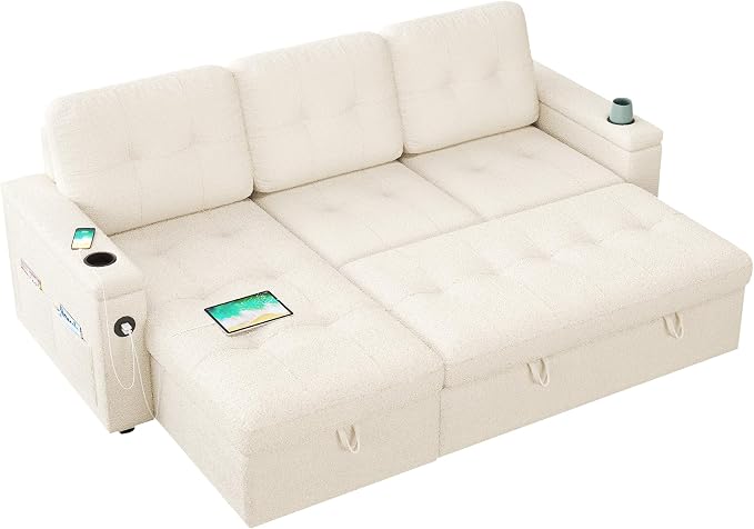 PaPaJet 84 Inch Pull Out Couch, Sleeper Sofa with Storage Chaise, Tufted L Shape Convertible Couch with 2 USB & Cup Holders, Boucle White