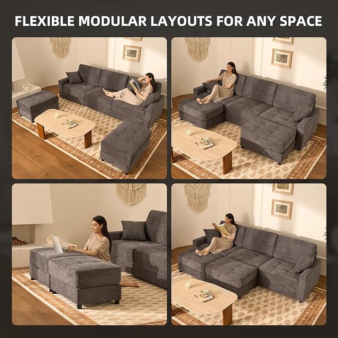 112" U Shaped Modular Cloud Sectional Couch, Waffle Fabric, Dark Gray | Modular Deep Seat Sofa, Movable Ottoman, Pocket Spring Cushions, 2-Box Delivery, Living Room Lounge Use, Not Boneless