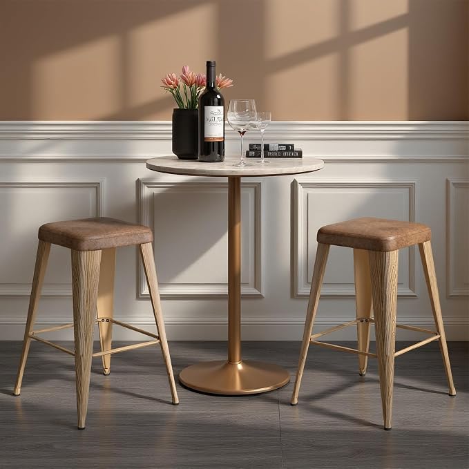 Bar Stools Set of 2, 26" Counter Height Bar Stools Backless, Upholstered Bar Stools with Metal Legs for Kitchen Island, Study Room, Cafe, Walnut