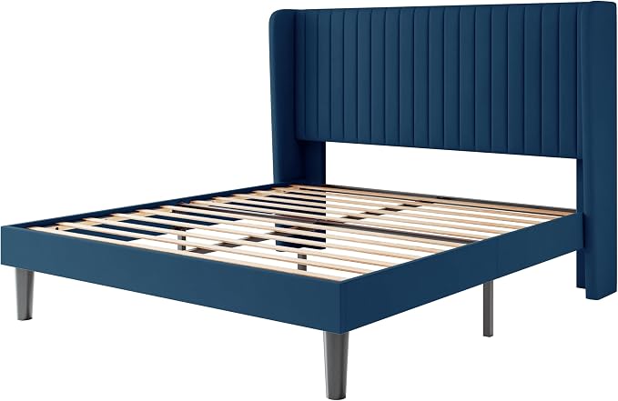 SHA CERLIN Full Size Velvet Bed Frame with Vertical Channel Tufted Wingback Headboard, Upholstered Platform Bed with Wood Slats, No Box Spring Needed, Easy Assembly, Blue