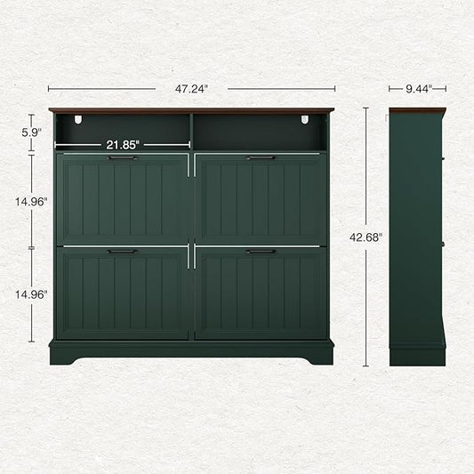 Shoe Storage Cabinet with 4 Flip Drawers, 47" W Farmhouse Modern Hidden Shoes Rack Cabinet with Adjustable Shelves & Open Storage, Narrow Slim Shoe Organizer for Front Door Entrance, Entryway, Green