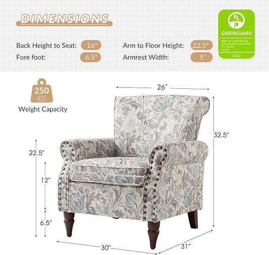 HULALA HOME Modern Wingback Accent Chairs Set of 2 with Wood Legs & Removable Cushion, Comfy Upholstered Armchairs with Nailhead Trim, Floral Pattern Single Sofa Chairs for Living Room Bedroom, Grey