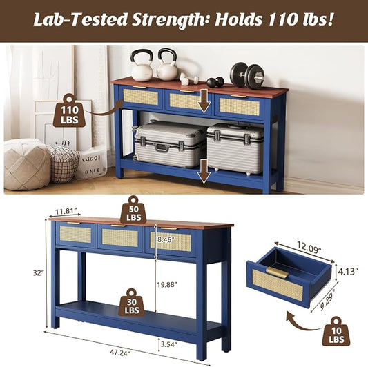 Luoxiao 47" Blue Entryway Table with 3 Rattan Drawers & Open Shelf Storage | Narrow Console Sofa Tables for Living Room, Entry Table for Hallway, Foyer, Couch, Easy Assembly, Anti-tip Kit, Space Saving