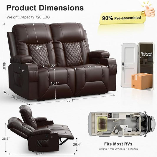 RV Loveseat Recliner Sofa, Reclining Loveseat Wall Hugger Recliners with USB Ports, Cup Holders, Insert Pockets, RV Recliners for Travel Trailers & Living Room, RV Furniture | RV Couch | Brown