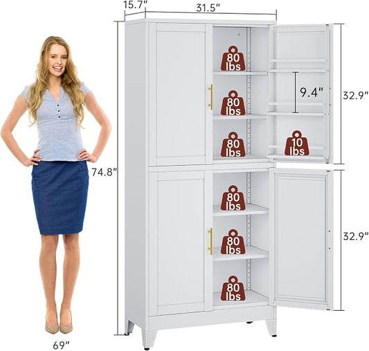 PAOFIN 75" H Metal Storage Cabinet, Pantry with 6 Door Shelves and 4 Adjustable Shelves, Leveling Foot for Kitchen, Living Room and Dinning Room, White
