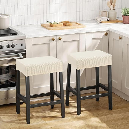 YISUN Stool Covers Rectangle - 2 Pack Stretch Waterproof Saddle Seat Cover Counter Bar Stools Bar Chairs Covers Kitchen Island Chairs Cushion Protector (2, Beige)