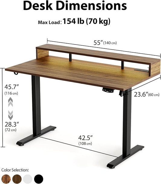 Agilestic 55 x 24 Inch Electric Standing Desk with Shelf, Height Adjustable Desk with Power Outlets & LED, Sit Stand Up Table with Monitor Stand, Computer Workstation, Dark Walnut