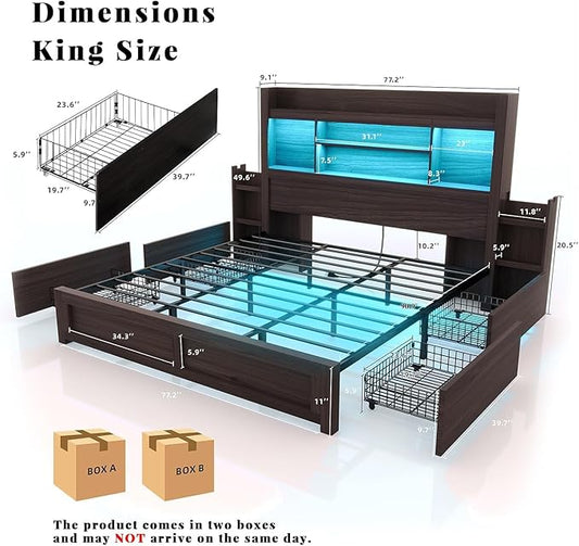 LUXOAK King Bed Frame with 49.6" Bookcase Headboard & 2 Bedside Stoage Racks & 4 Drawers, Farmhouse Wood Bed Frame with RGB LED & Charging Station, No Box Spring Needed, Black