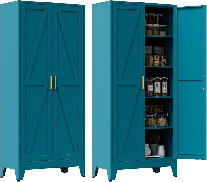 71" Tall Metal Pantry Cabinet, Kitchen Storage Cabinet with 2 Doors and 4 Adjustable Shelves for Kitchen, Living Room, Dining Room, Bathroom and Home, Office (Blue, 1PC)