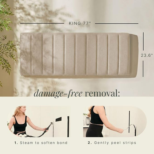 Hearth & Harbor Wall Mounted King Headboard Only, Bed Headboard King Size | Easy Assemble, Floating Peel and Stick, Upholstered, Channel Stitched, 3D Wall Panels, 5 Strips of 3M Tape Included, Linen