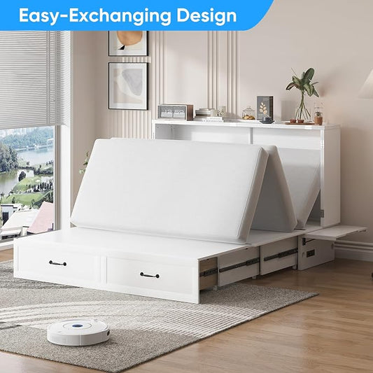 PUREMIND Queen Murphy Bed, Solid Wood Multi-Functional Cabinet Bed with Storage Drawer, USB Charging Ports and Folding Tray, Space Saving Hideaway Murphy Beds Cabinet for Guest Room, No Mattress