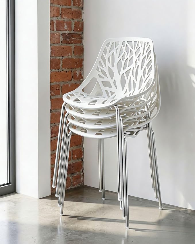 Karl home Stackable Dining Chairs Set of 4, 3-Step Assembly, 350LBS, White | Bird's nest trunk pattern, robust metal frame, 350lbs capacity, plastic construction, for kitchen/dining/bedroom/living room