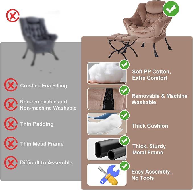 Furlide Lazy Chair with Ottoman, Modern Accent Chair with Armrests and a Side Pocket, Velvet Khaki Accent Chairs, Reading Chairs, Oversized Armchairs for Bedroom, Study, Living Room, Courtyard