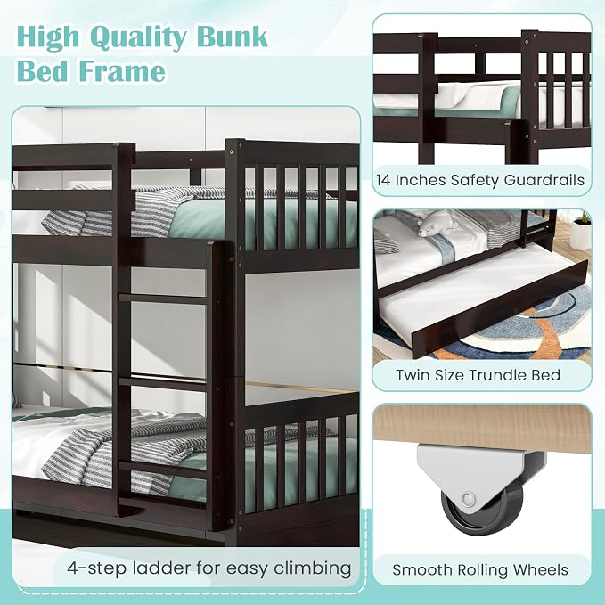 MAT EXPERT Twin Over Twin Bunk Bed with Trundle, Solid Wood Bunk Bed Frame w/Ladder, Slats & Rail, Convertible Twin Size Platform Bed for Kids, Space-Saving Bunk Beds for Bedroom Dorm (Espresso)