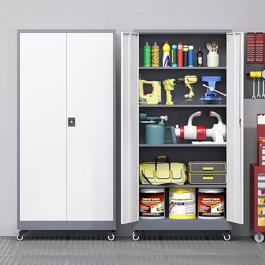 Metal Storage Cabinet with Wheels, Tall Garage Storage Cabinet with 4 Adjustable Shelves and 2 Doors, Lockable Tool Cabinet for Garage Home Office,Gym,School (White-Gray)