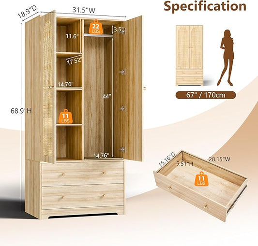 VINGLI Wardrobe Closet with Doors, Rattan Armoire Wardrobe Closet with Drawers & Hanging Rod, Wooden Armoire for Hanging Clothes, Natural Oak, 68.9" H