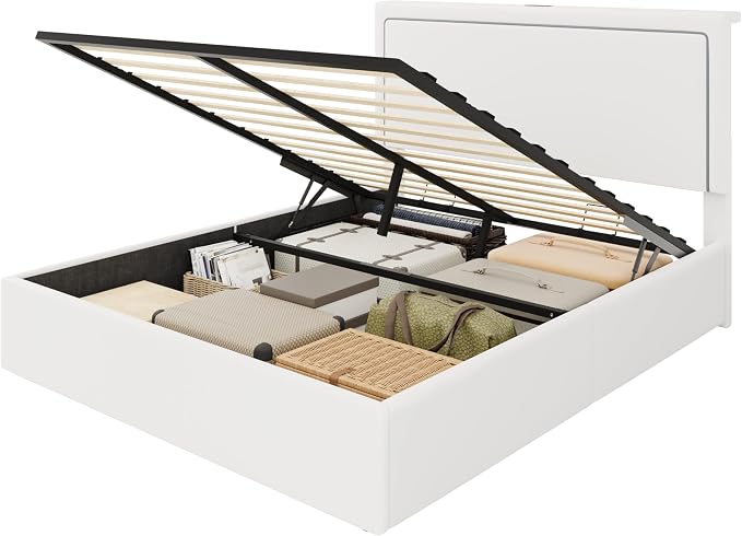 SHA CERLIN Full Size Hydraulic Lift-Up Storage Platform Bed Frame with Charging Station, RGB LED Lights, Adjustable Velvet Headboard, USB-A and USB-C Ports, No Box Spring Needed, White