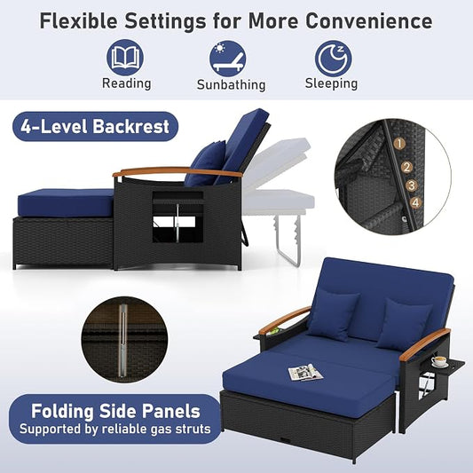 Moccha Outdoor Wicker Daybed, Patio Rattan Loveseat Sofa w/ 4-Level Adjustable Backrest, Folding Panels, Storage Ottoman & Cushions, Lounge Furniture Set for Poolside Backyard Porch (Navy & Black)