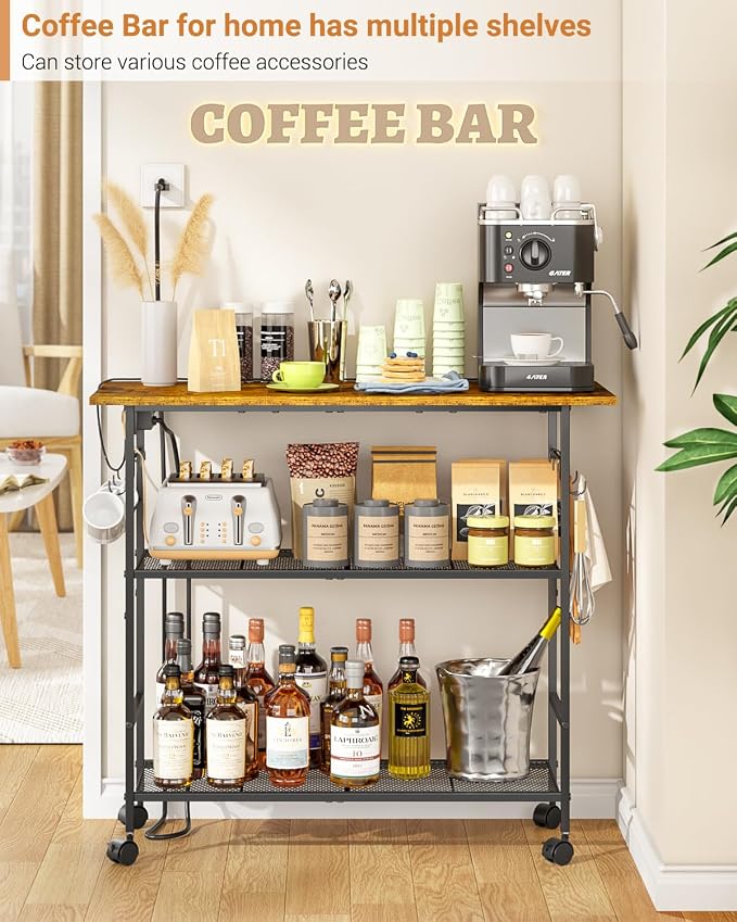 Kitchen Island with Power Outlet, Rolling Kitchen Cart with 6 Hooks and Protective Shelf, Microwave Stand on Lockable Wheels, Bakers Rack Coffee Bar for Dining, Living Room, Outdoor, Metal Frame
