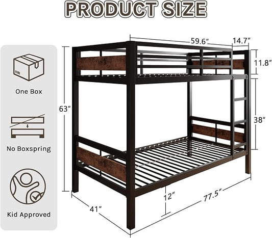 Bunk Bed Twin Over Twin, Heavy Duty Metal Bunkbeds with Full-Length Guardrail, Space-Saving Steel Bed for Kids & Adults, No Box Spring Required, Rustic Brown