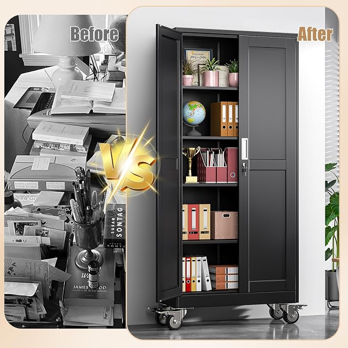 71" H Metal Pantry Storage Cabinet with Wheels,Rolling Kitchen Pantry Cabinet with 2 Doors and 4 Adjustable Shelves, Locker Steel Pantry,Organization Pantry for Garage,Home,Gym,School,Black