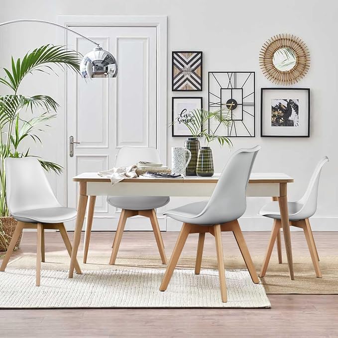 OLIXIS Dining Chairs Set of 8, Mid Century Modern Accent Chairs with Curved Backrest and Wood Legs, PU Leather Upholstered Kitchen Side Chair for Living Room, Bedroom, Outdoor Patio, White