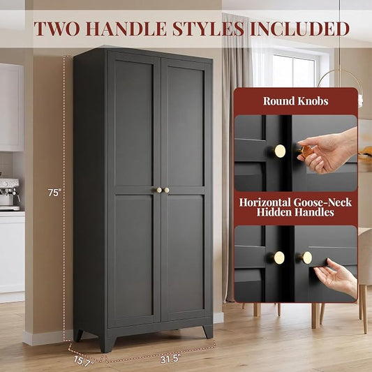 75" Metal Kitchen Pantry Cabinet with Dual Handles & Adjustable Legs, Freestanding Storage Cabinet with Doors and 5 Adjustable Shelves, Tall Food Pantry for Kitchen Dining Room, Black