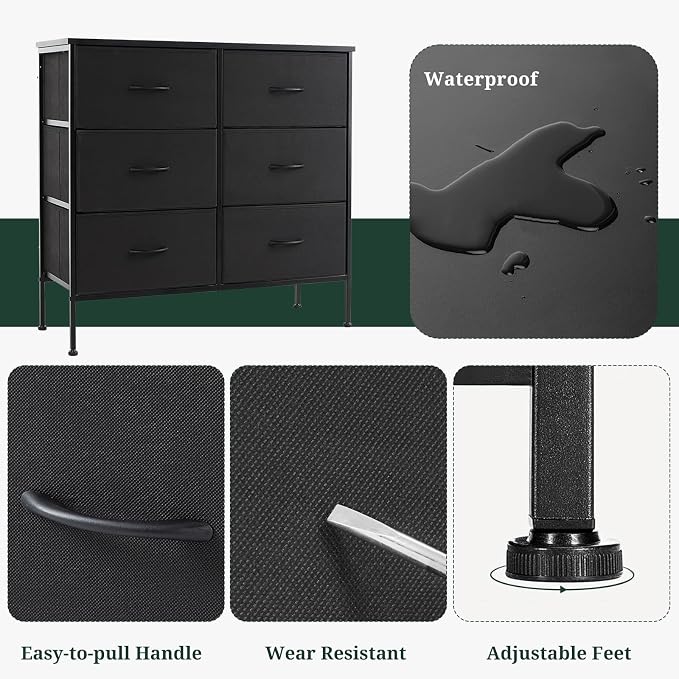 6-Drawer Dresser for Bedroom, Anti-Tip Wide Storage Organizer Chest of Drawers with Wooden Top and Metal Frame Fabric Bins for Closet, Living Room, Hallway, Entryway, Black