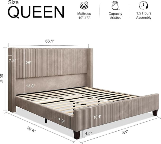 HOWE Queen Size Bed Frame with 50.8 Inch Corduroy Wingback Headboard, Taupe | Modern Upholstered Platform Bed, Solid Wood Slats, No Box Spring Needed, Noise-Reducing Design