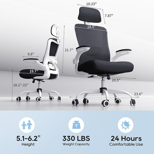 Ergonomic Office Chair for Long Hours, Padded Lumbar Support for Lower Back Relief, 330 lb Capacity, Comfortable Computer Desk Chair for Home Office, Computer & Study