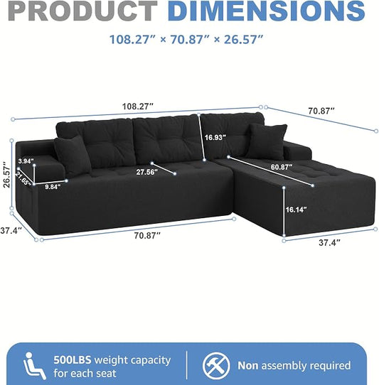 Hobestluk Modular Sectional Sofa Couches L-Shape Couch 3 Seat Modular Sofa Memory Foam Sectional Couches for Living Room, Cloud Couch with Oversized Chaise (Black Tufted, 108", Right Hand Facing)
